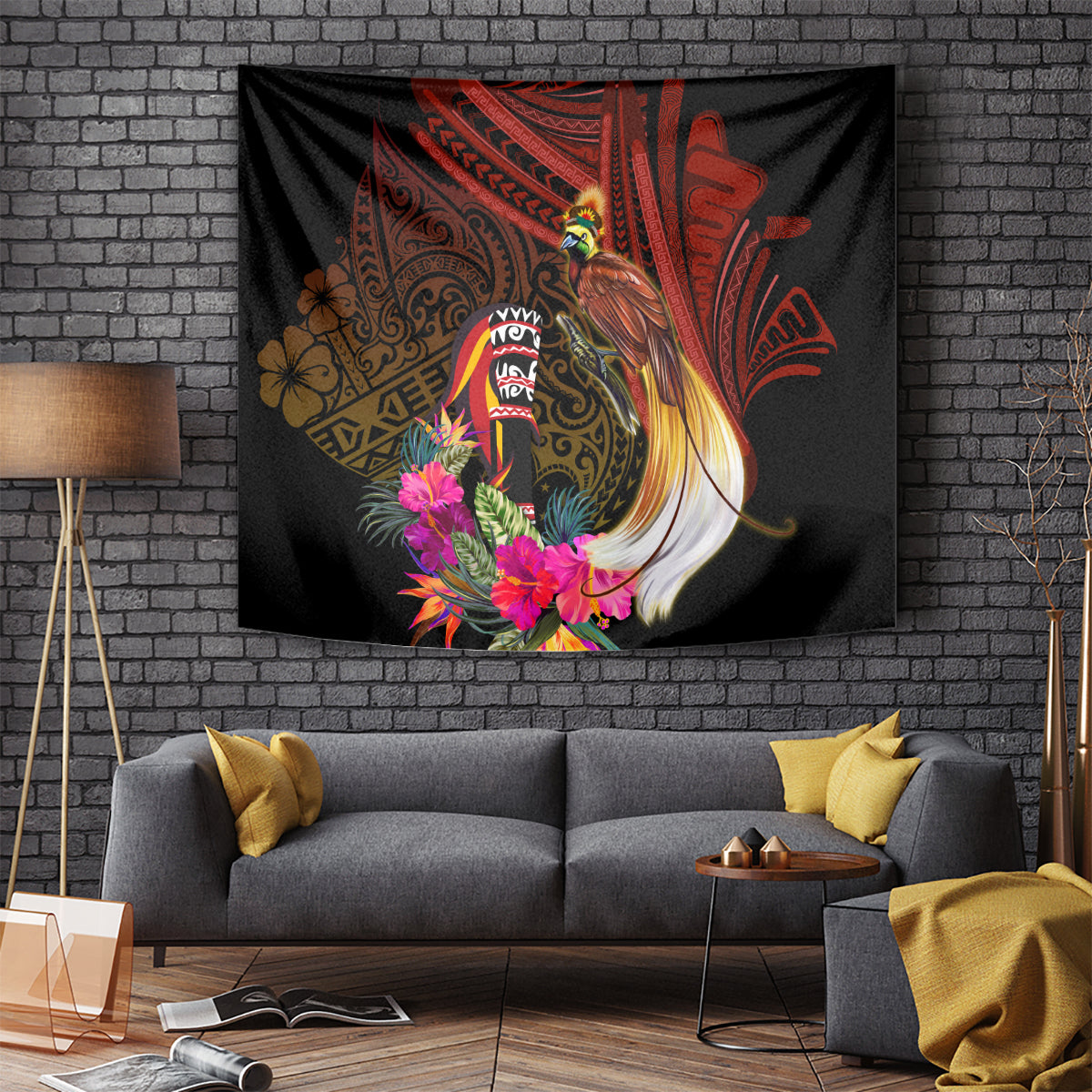Papua New Guinea Bird-of-Paradise Tapestry Hibiscus and Kundu Drum Tribal Pattern LT03 - Polynesian Pride