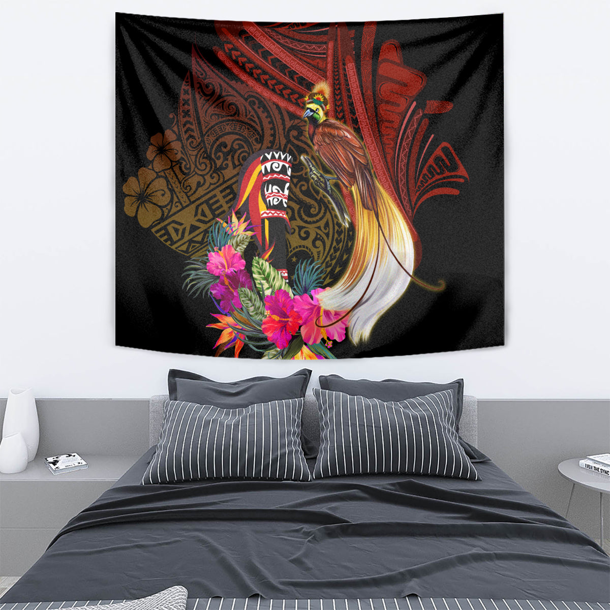 Papua New Guinea Bird-of-Paradise Tapestry Hibiscus and Kundu Drum Tribal Pattern LT03 - Polynesian Pride