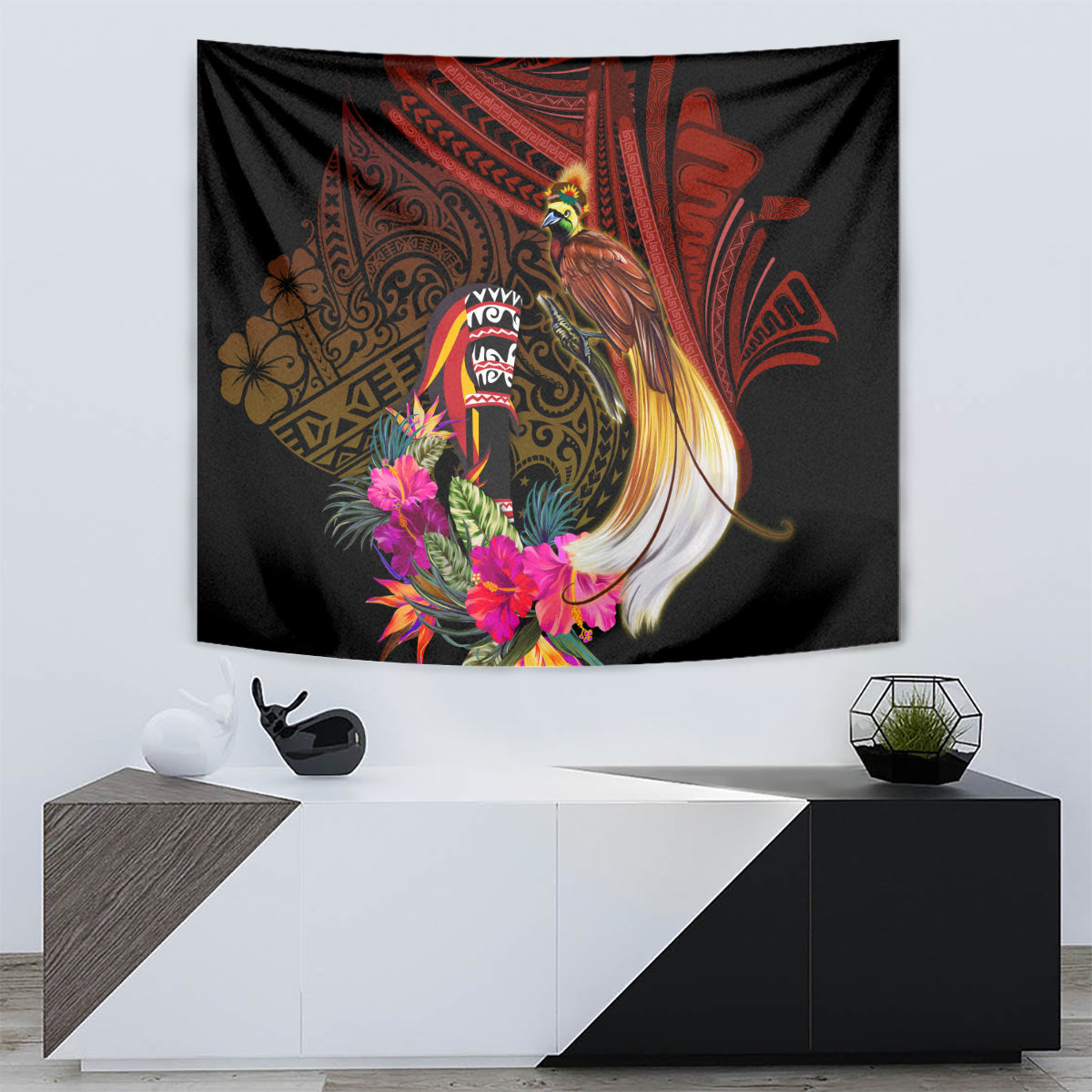 Papua New Guinea Bird-of-Paradise Tapestry Hibiscus and Kundu Drum Tribal Pattern LT03 - Polynesian Pride