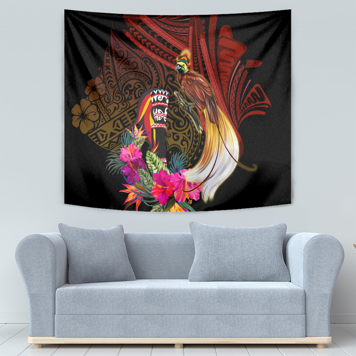Papua New Guinea Bird-of-Paradise Tapestry Hibiscus and Kundu Drum Tribal Pattern LT03 - Polynesian Pride