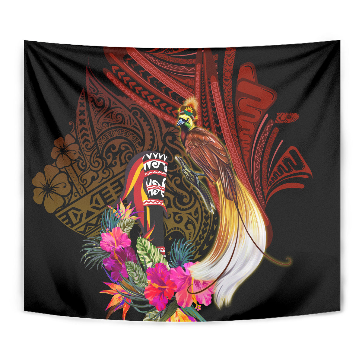 Papua New Guinea Bird-of-Paradise Tapestry Hibiscus and Kundu Drum Tribal Pattern LT03 - Polynesian Pride