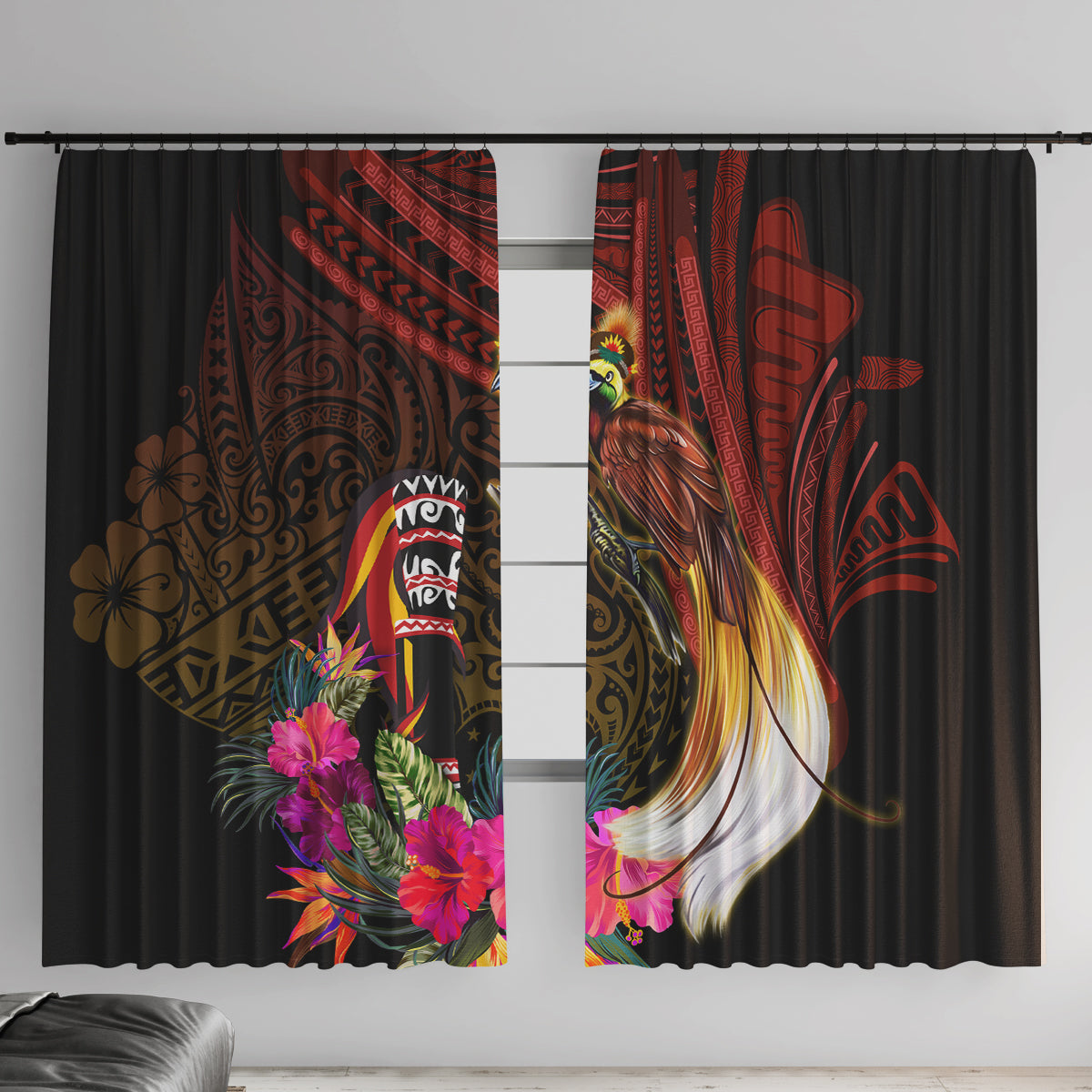 Papua New Guinea Bird-of-Paradise Window Curtain Hibiscus and Kundu Drum Tribal Pattern