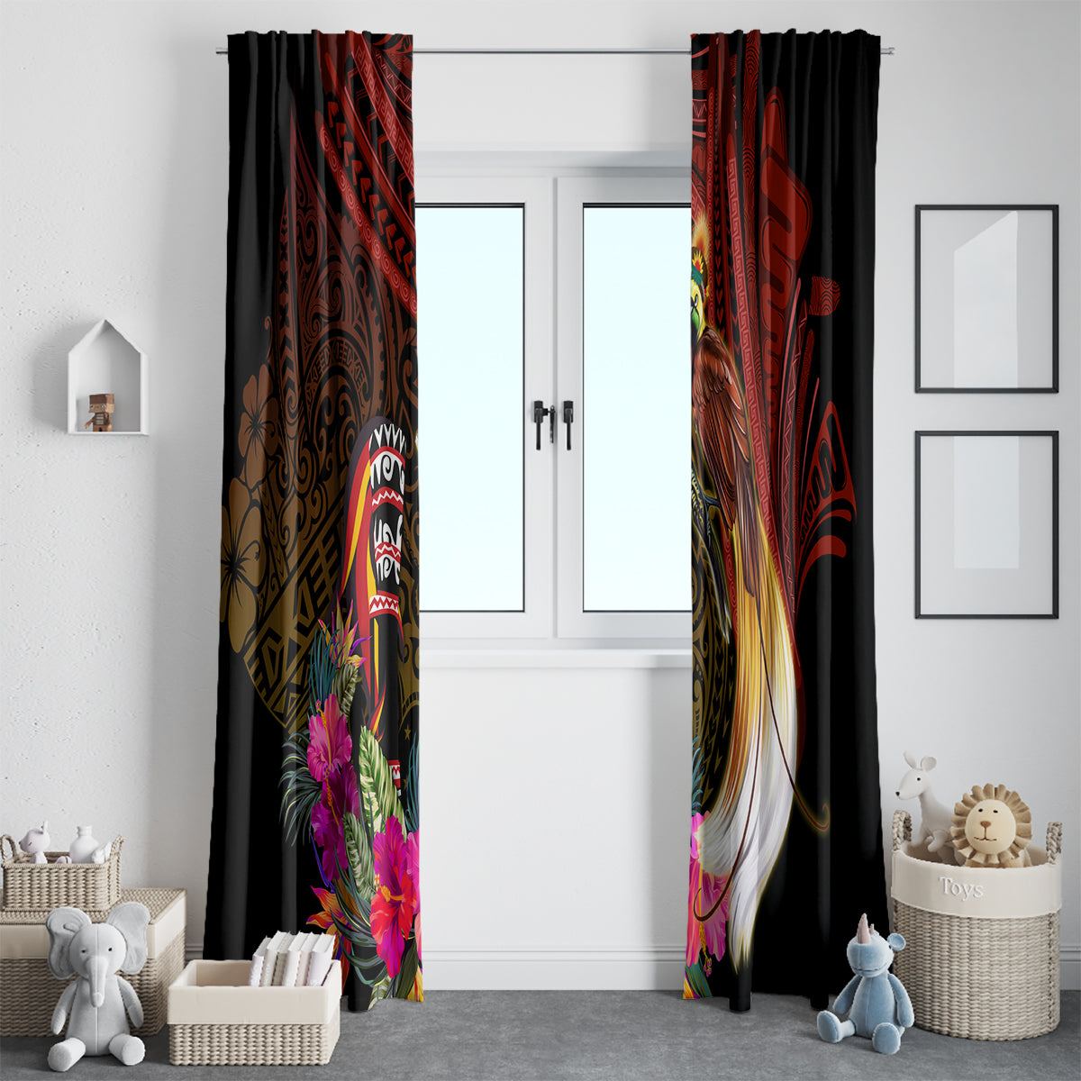 Papua New Guinea Bird-of-Paradise Window Curtain Hibiscus and Kundu Drum Tribal Pattern LT03 - Polynesian Pride