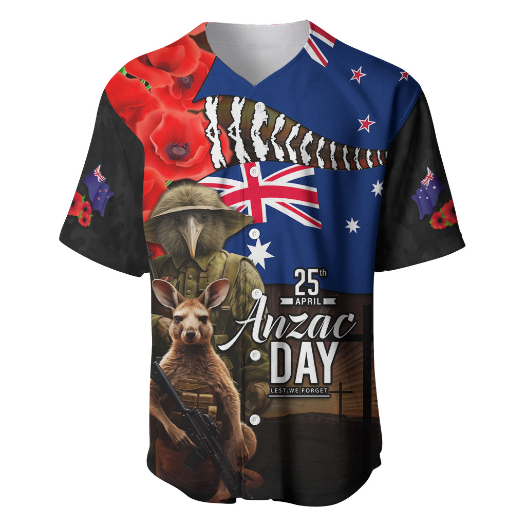 New Zealand and Australia ANZAC Day Baseball Jersey National Flag mix Kiwi Bird and Kangaroo Soldier Style LT03 Black - Polynesian Pride