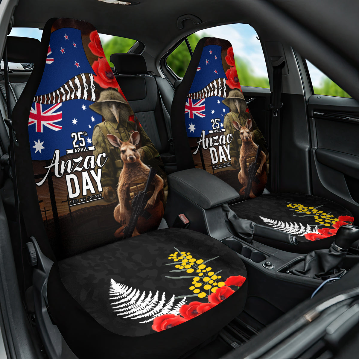 New Zealand and Australia ANZAC Day Car Seat Cover National Flag mix Kiwi Bird and Kangaroo Soldier Style