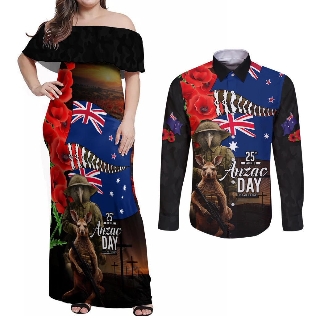 New Zealand and Australia ANZAC Day Couples Matching Off Shoulder Maxi Dress and Long Sleeve Button Shirt National Flag mix Kiwi Bird and Kangaroo Soldier Style LT03 Black - Polynesian Pride