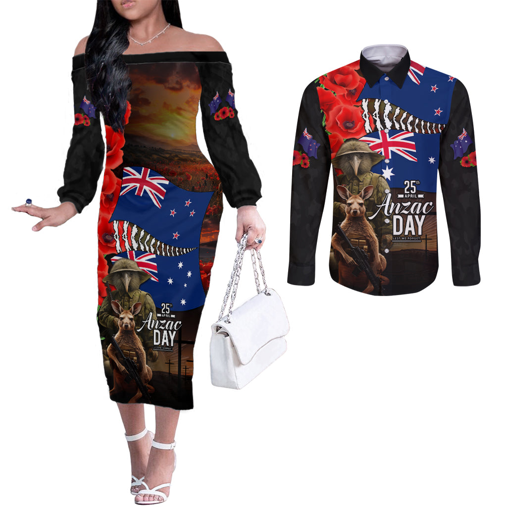 New Zealand and Australia ANZAC Day Couples Matching Off The Shoulder Long Sleeve Dress and Long Sleeve Button Shirt National Flag mix Kiwi Bird and Kangaroo Soldier Style LT03 Black - Polynesian Pride