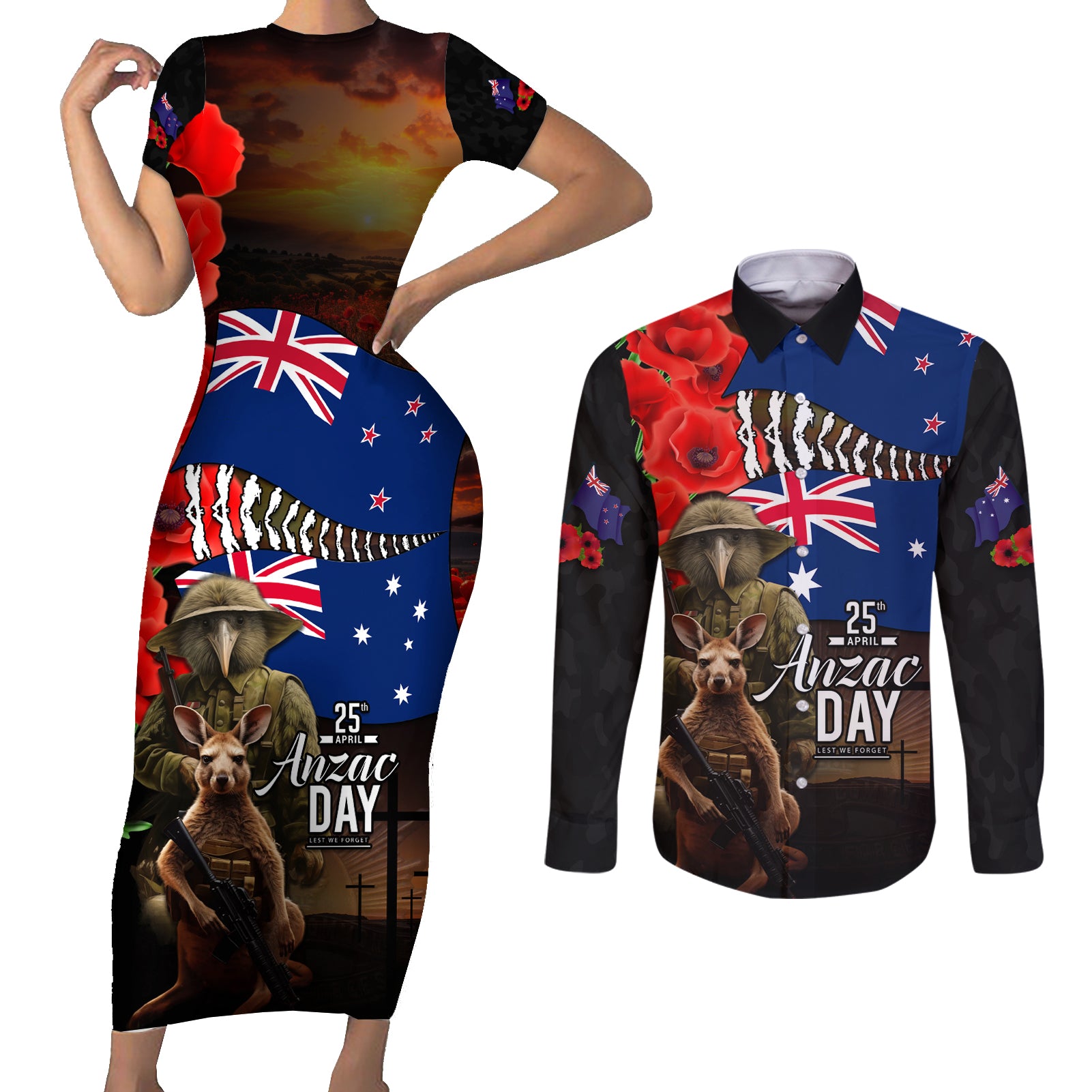 New Zealand and Australia ANZAC Day Couples Matching Short Sleeve Bodycon Dress and Long Sleeve Button Shirt National Flag mix Kiwi Bird and Kangaroo Soldier Style LT03 Black - Polynesian Pride