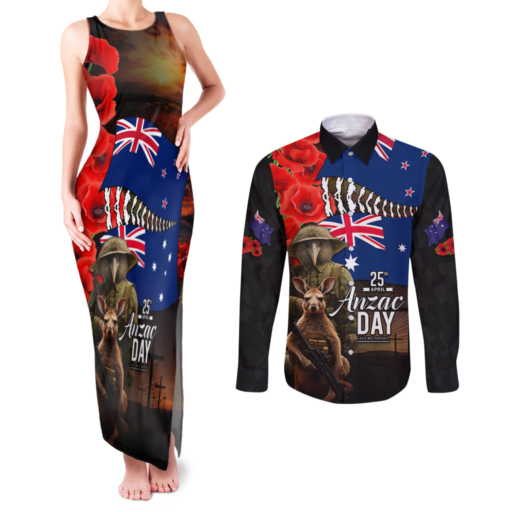 New Zealand and Australia ANZAC Day Couples Matching Tank Maxi Dress and Long Sleeve Button Shirt National Flag mix Kiwi Bird and Kangaroo Soldier Style LT03 Black - Polynesian Pride