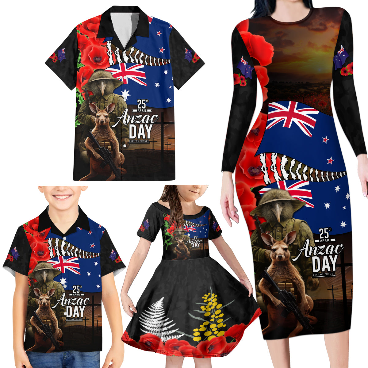 New Zealand and Australia ANZAC Day Family Matching Long Sleeve Bodycon Dress and Hawaiian Shirt National Flag mix Kiwi Bird and Kangaroo Soldier Style LT03 - Polynesian Pride