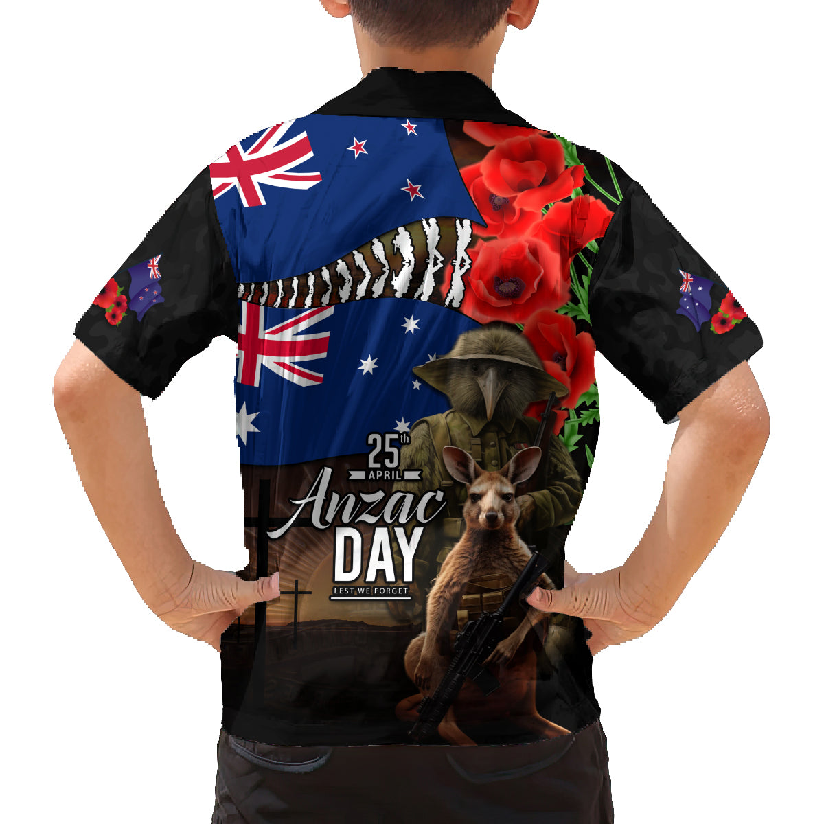 New Zealand and Australia ANZAC Day Family Matching Off The Shoulder Long Sleeve Dress and Hawaiian Shirt National Flag mix Kiwi Bird and Kangaroo Soldier Style LT03 - Polynesian Pride