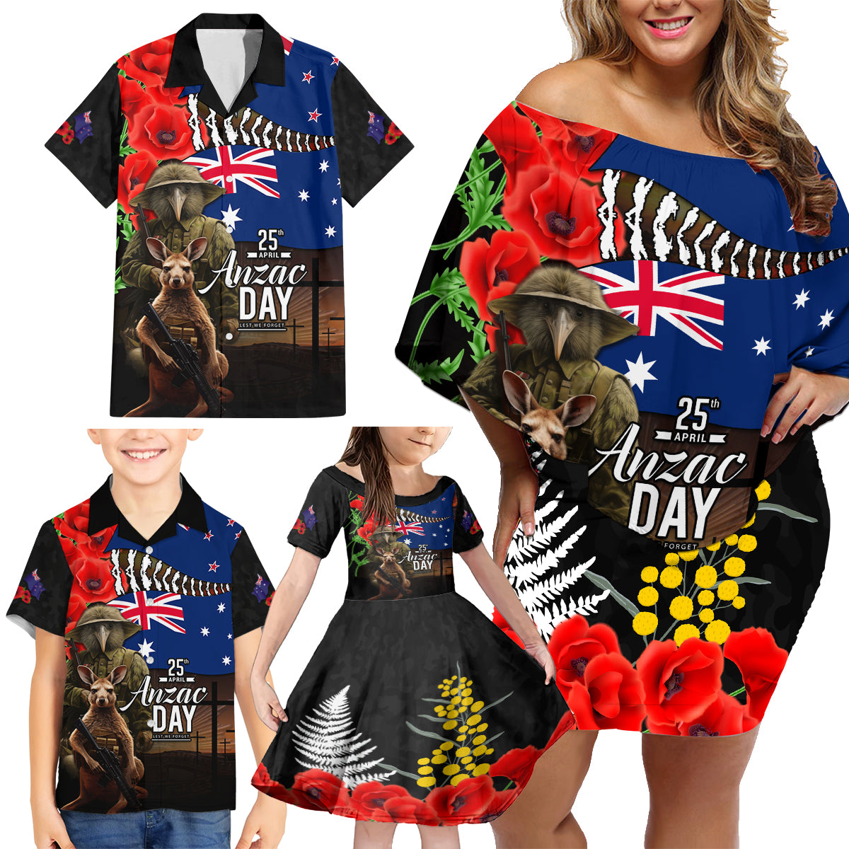 New Zealand and Australia ANZAC Day Family Matching Off Shoulder Short Dress and Hawaiian Shirt National Flag mix Kiwi Bird and Kangaroo Soldier Style LT03 - Polynesian Pride