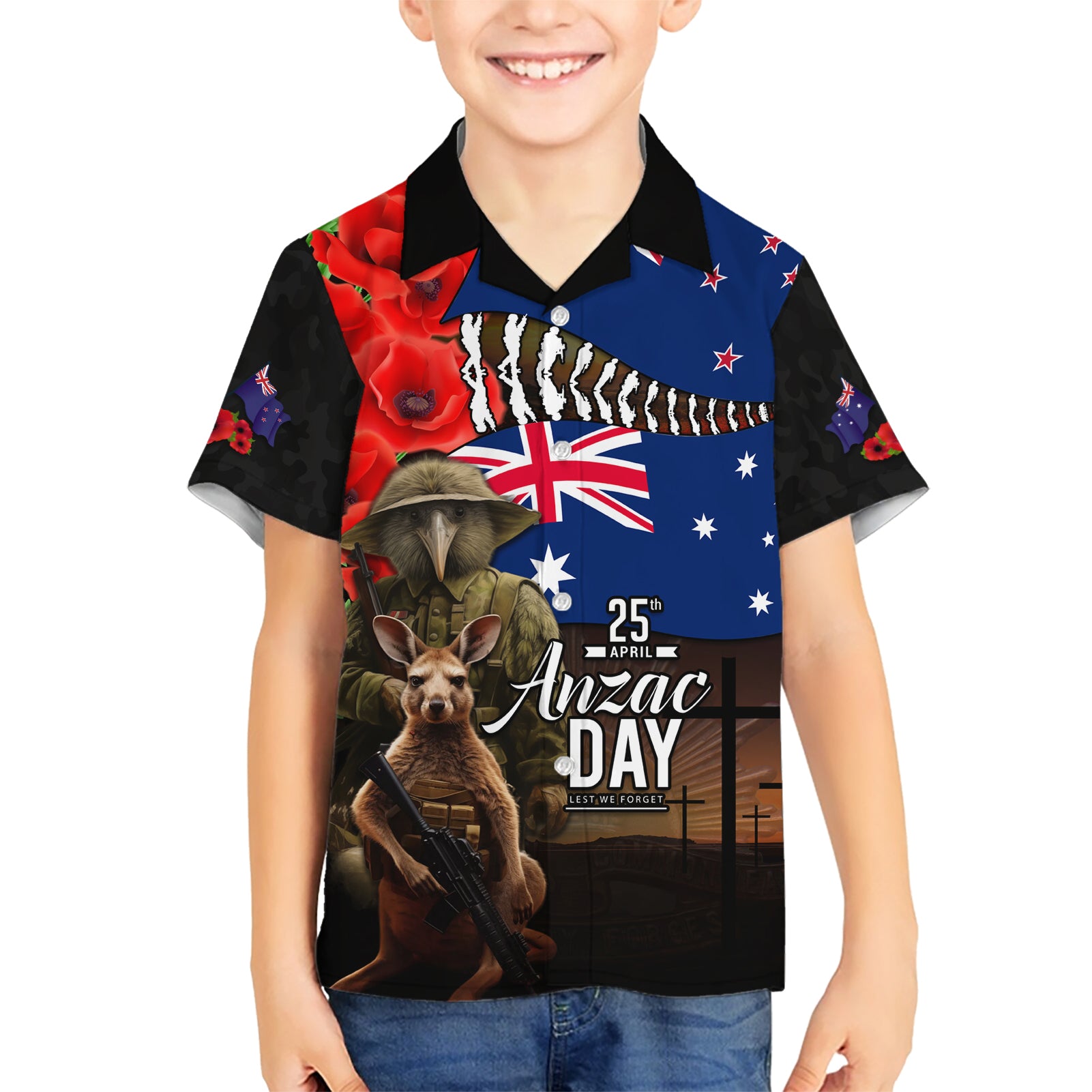 New Zealand and Australia ANZAC Day Kid Hawaiian Shirt National Flag mix Kiwi Bird and Kangaroo Soldier Style LT03 Kid Black - Polynesian Pride