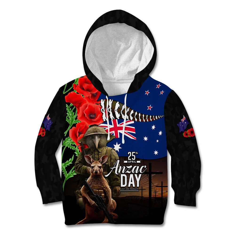 New Zealand and Australia ANZAC Day Kid Hoodie National Flag mix Kiwi Bird and Kangaroo Soldier Style LT03 Hoodie Black - Polynesian Pride