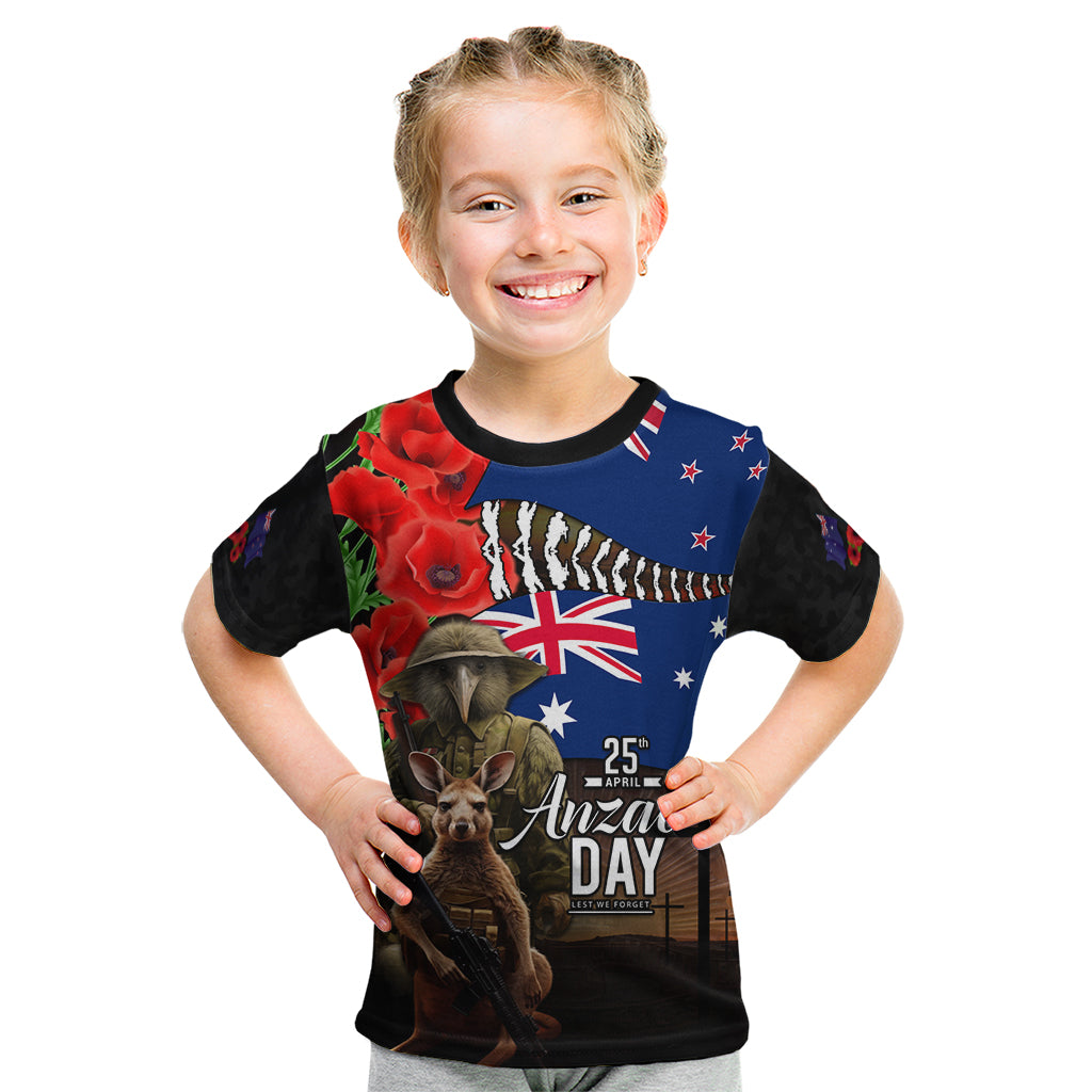 New Zealand and Australia ANZAC Day Kid T Shirt National Flag mix Kiwi Bird and Kangaroo Soldier Style LT03 Black - Polynesian Pride