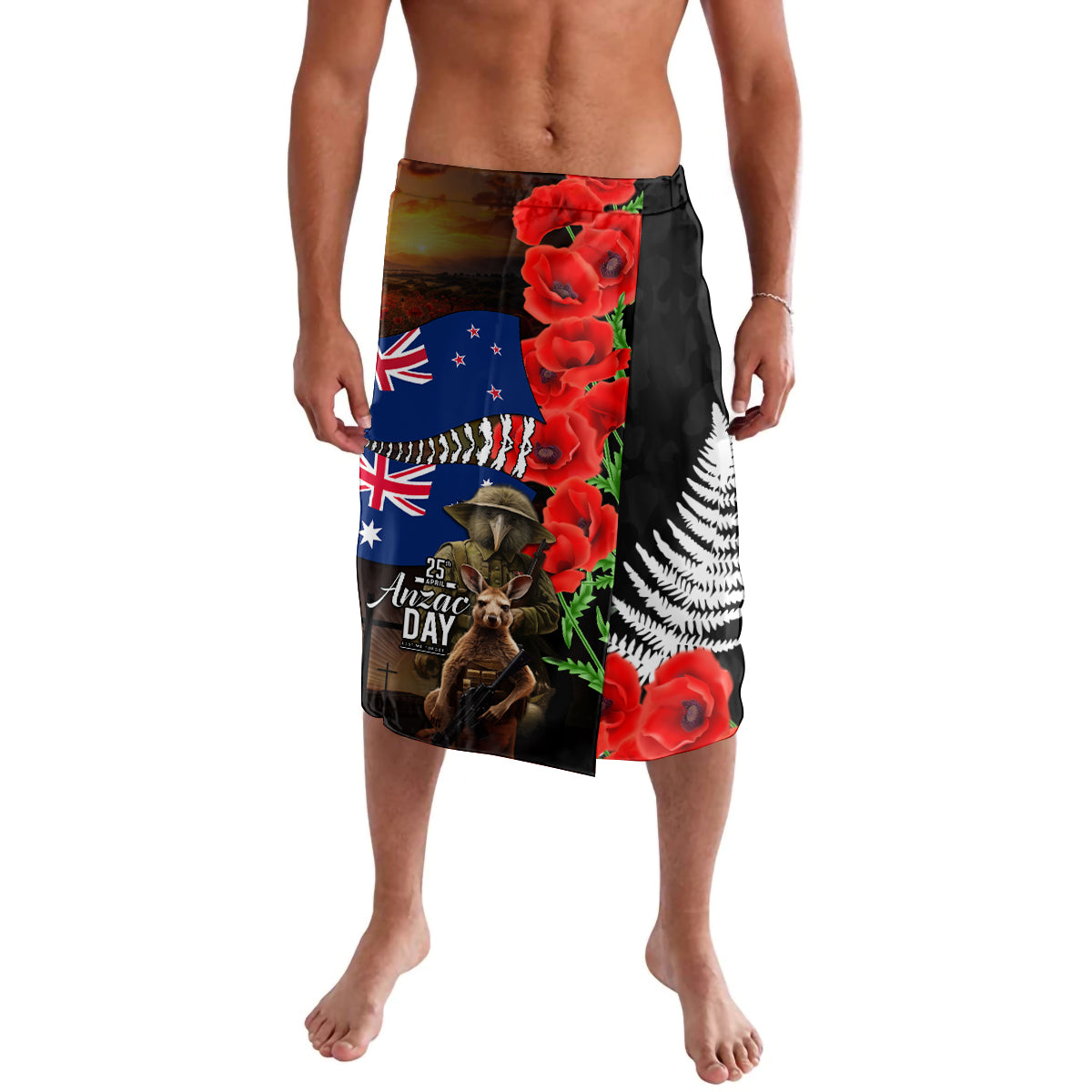 New Zealand and Australia ANZAC Day Lavalava National Flag mix Kiwi Bird and Kangaroo Soldier Style LT03 Black - Polynesian Pride