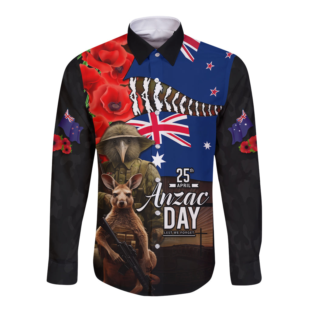 New Zealand and Australia ANZAC Day Long Sleeve Button Shirt National Flag mix Kiwi Bird and Kangaroo Soldier Style LT03 Unisex Black - Polynesian Pride