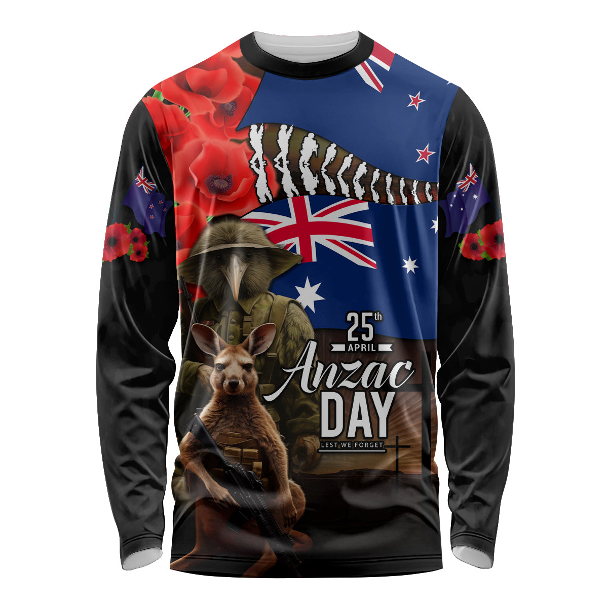 New Zealand and Australia ANZAC Day Long Sleeve Shirt National Flag mix Kiwi Bird and Kangaroo Soldier Style LT03 Unisex Black - Polynesian Pride