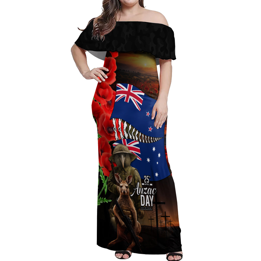 New Zealand and Australia ANZAC Day Off Shoulder Maxi Dress National Flag mix Kiwi Bird and Kangaroo Soldier Style LT03 Women Black - Polynesian Pride