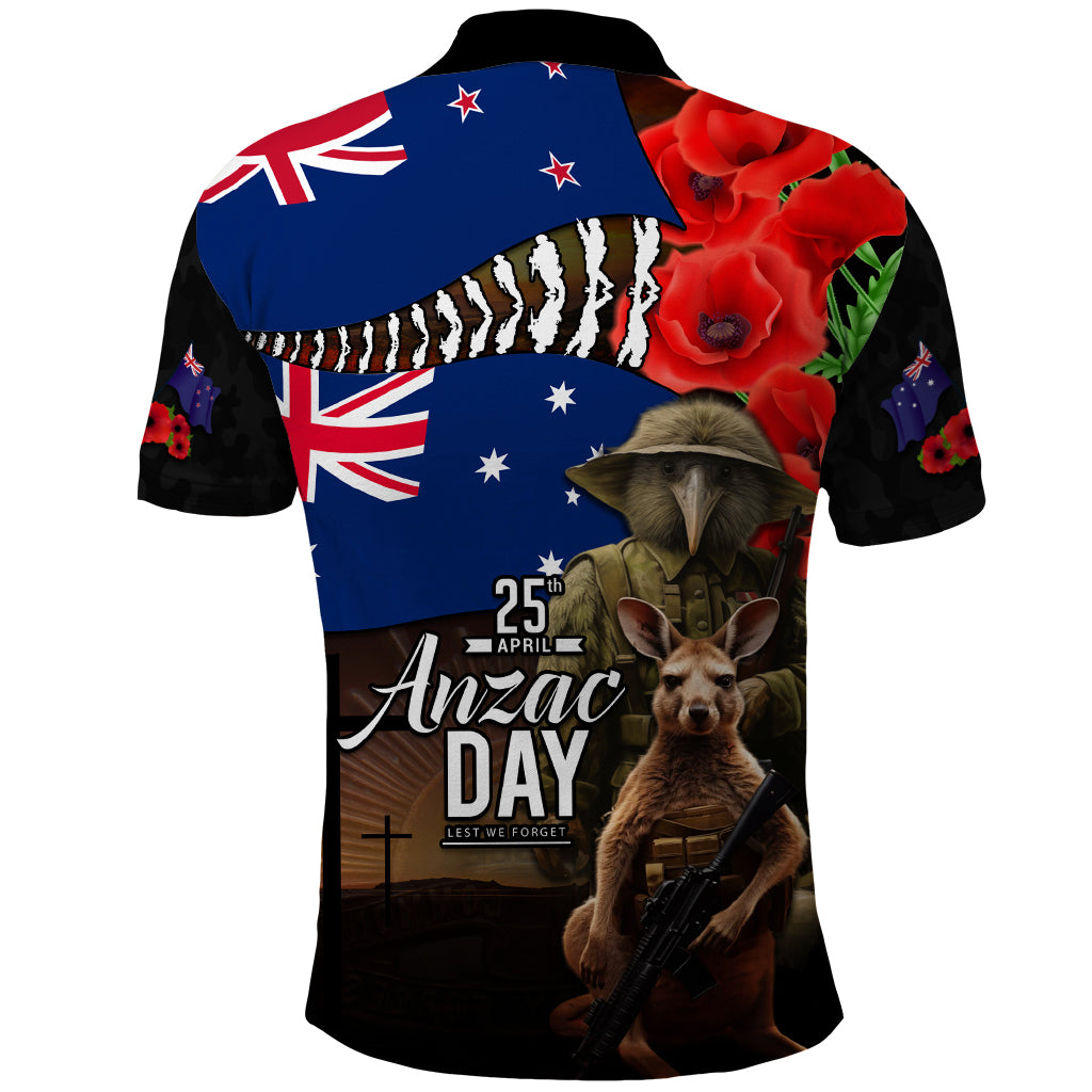 New Zealand and Australia ANZAC Day Polo Shirt - National Flag Mix Kiwi Bird and Kangaroo Soldier LT03 - Polynesian Pride