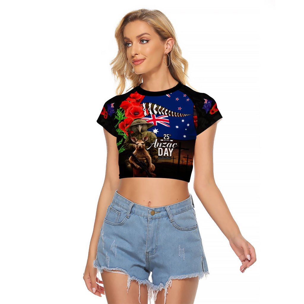 New Zealand and Australia ANZAC Day Raglan Cropped T Shirt National Flag mix Kiwi Bird and Kangaroo Soldier Style LT03 Female Black - Polynesian Pride