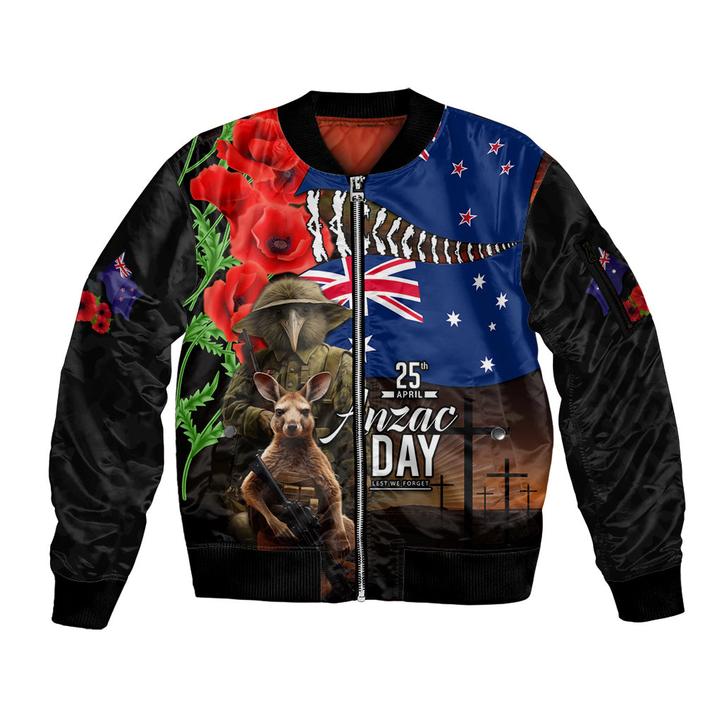 New Zealand and Australia ANZAC Day Sleeve Zip Bomber Jacket National Flag mix Kiwi Bird and Kangaroo Soldier Style LT03 Unisex Black - Polynesian Pride