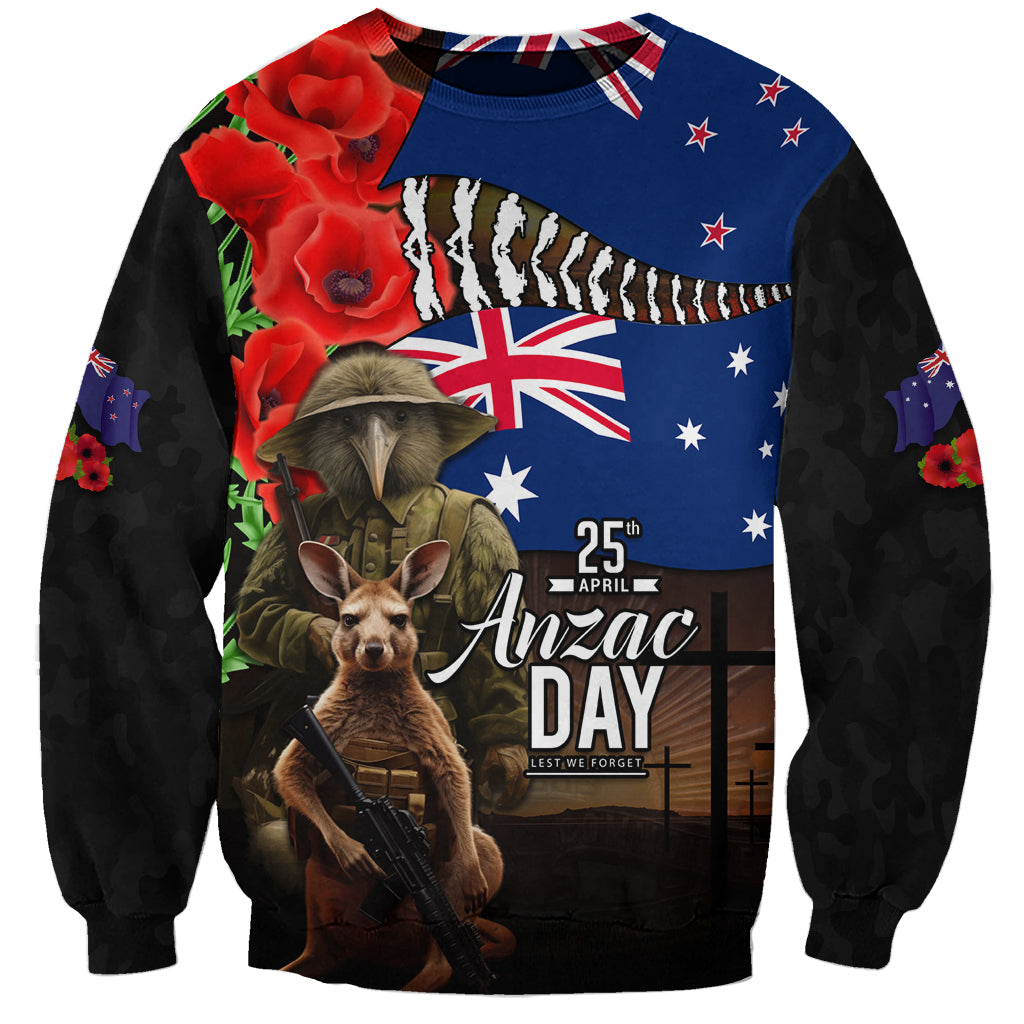 New Zealand and Australia ANZAC Day Sweatshirt National Flag mix Kiwi Bird and Kangaroo Soldier Style LT03 Unisex Black - Polynesian Pride