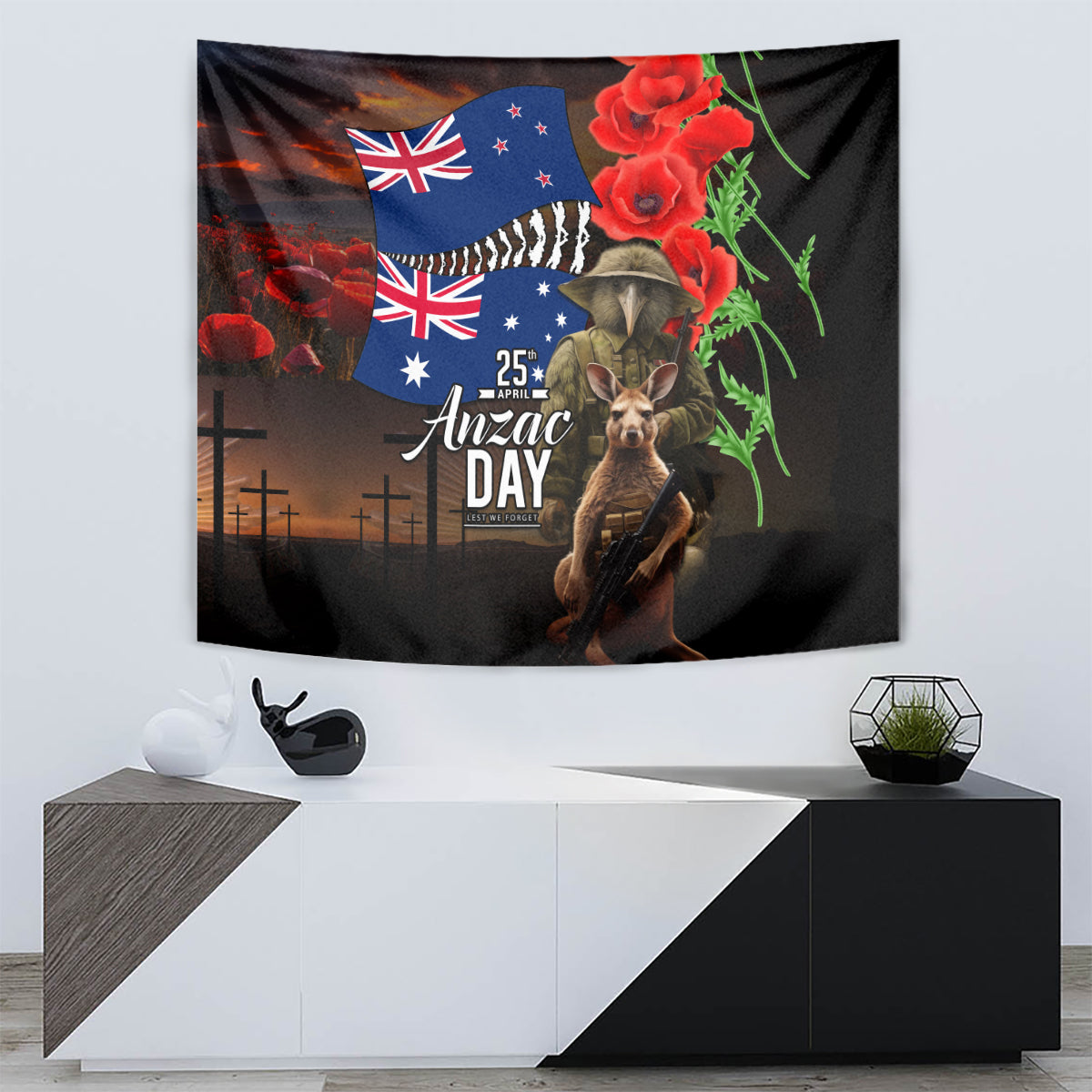 New Zealand and Australia ANZAC Day Tapestry National Flag mix Kiwi Bird and Kangaroo Soldier Style