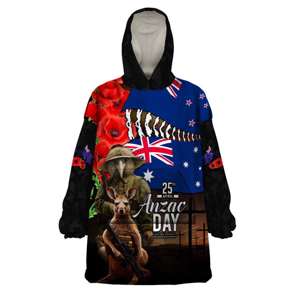 New Zealand and Australia ANZAC Day Wearable Blanket Hoodie National Flag mix Kiwi Bird and Kangaroo Soldier Style LT03 One Size Black - Polynesian Pride