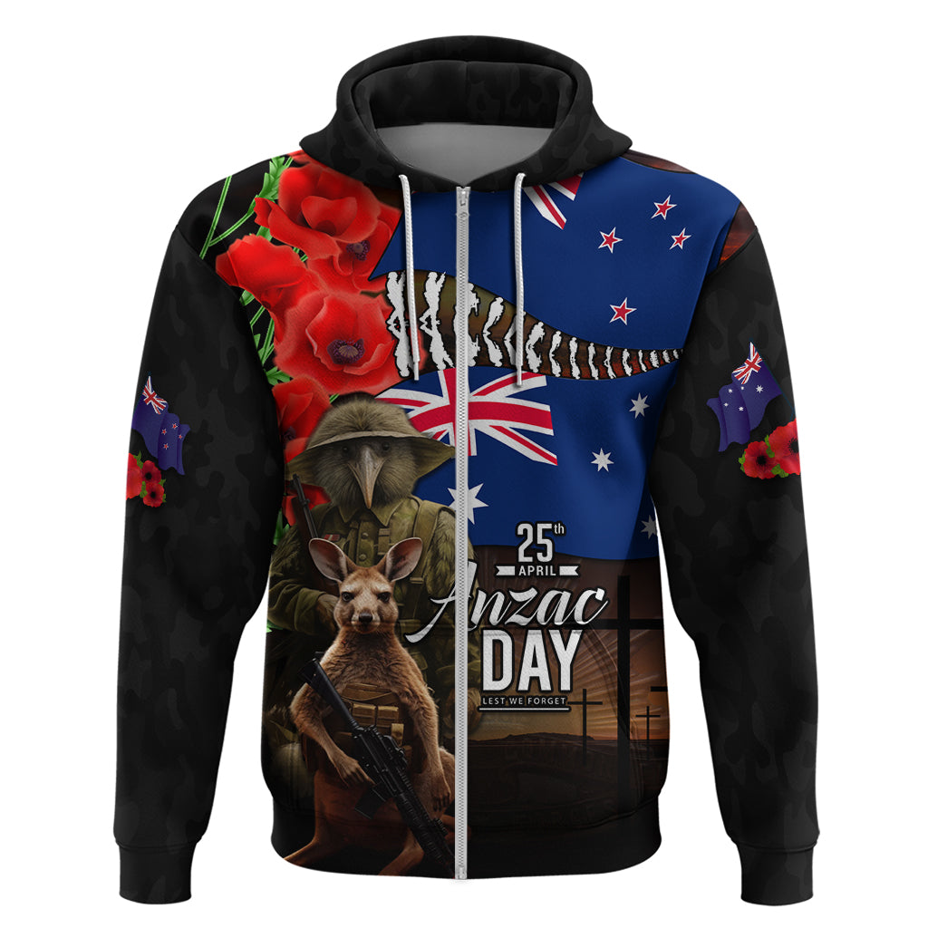 New Zealand and Australia ANZAC Day Zip Hoodie National Flag mix Kiwi Bird and Kangaroo Soldier Style LT03 Zip Hoodie Black - Polynesian Pride