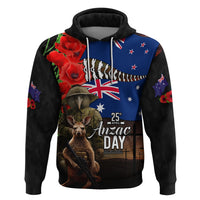 New Zealand and Australia ANZAC Day Zip Hoodie National Flag mix Kiwi Bird and Kangaroo Soldier Style LT03 Pullover Hoodie Black - Polynesian Pride