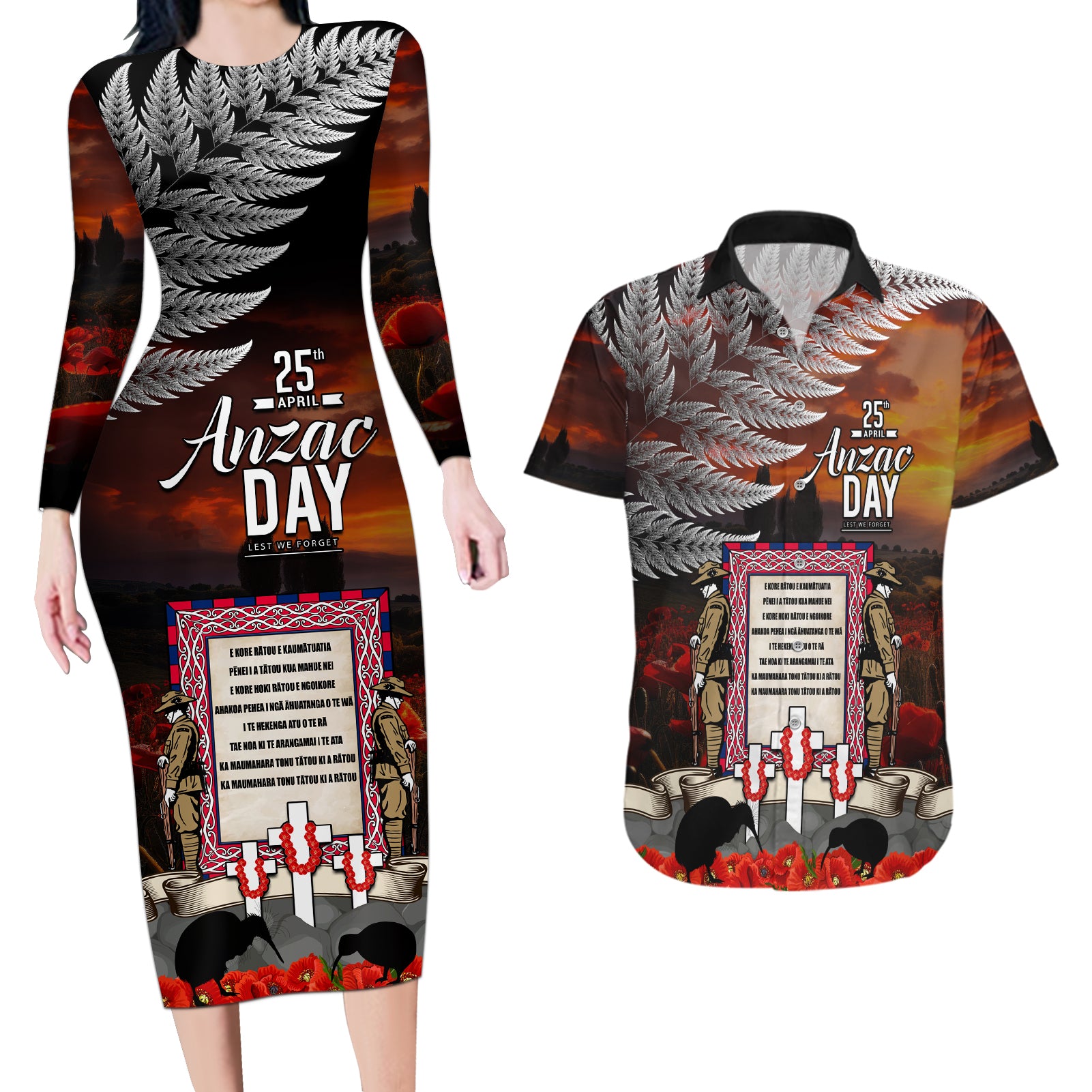 New Zealand ANZAC Day Couples Matching Long Sleeve Bodycon Dress and Hawaiian Shirt The Ode of Remembrance and Silver Fern LT03 Black - Polynesian Pride