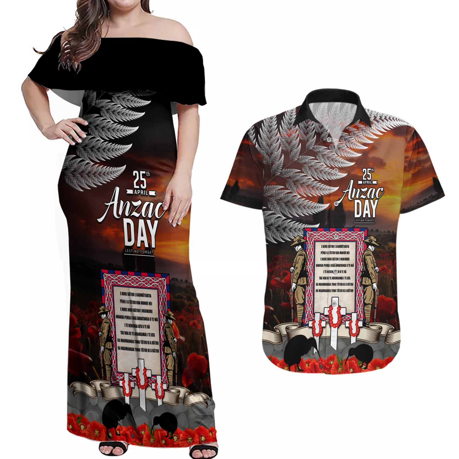 New Zealand ANZAC Day Couples Matching Off Shoulder Maxi Dress and Hawaiian Shirt The Ode of Remembrance and Silver Fern LT03 Black - Polynesian Pride