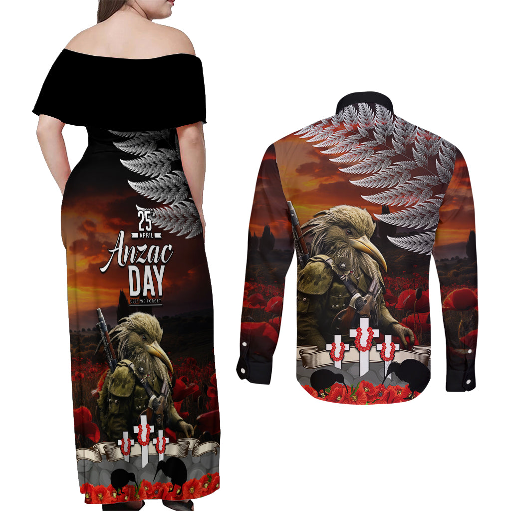 New Zealand ANZAC Day Couples Matching Off Shoulder Maxi Dress and Long Sleeve Button Shirt The Ode of Remembrance and Silver Fern LT03 - Polynesian Pride