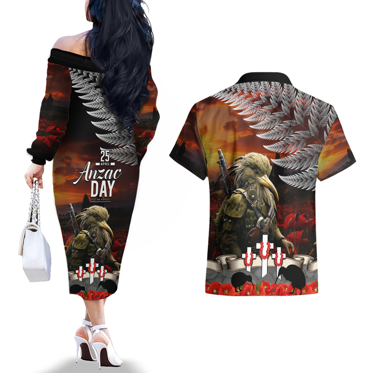New Zealand ANZAC Day Couples Matching Off The Shoulder Long Sleeve Dress and Hawaiian Shirt The Ode of Remembrance and Silver Fern LT03 - Polynesian Pride