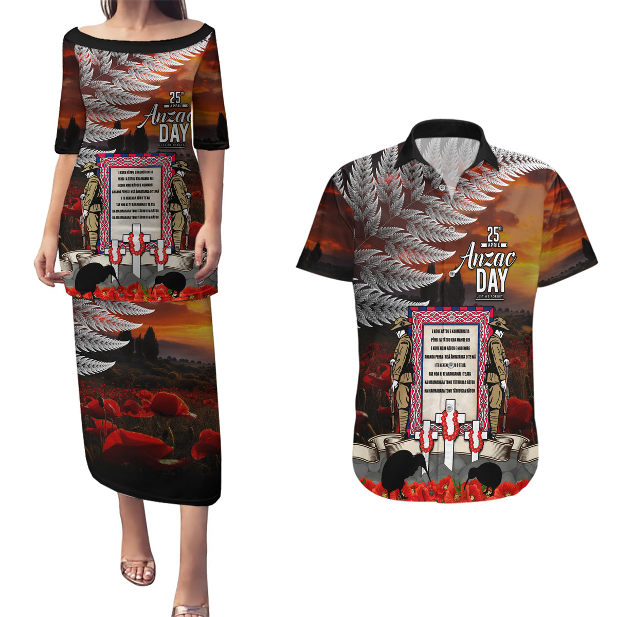 New Zealand ANZAC Day Couples Matching Puletasi and Hawaiian Shirt The Ode of Remembrance and Silver Fern LT03 Black - Polynesian Pride
