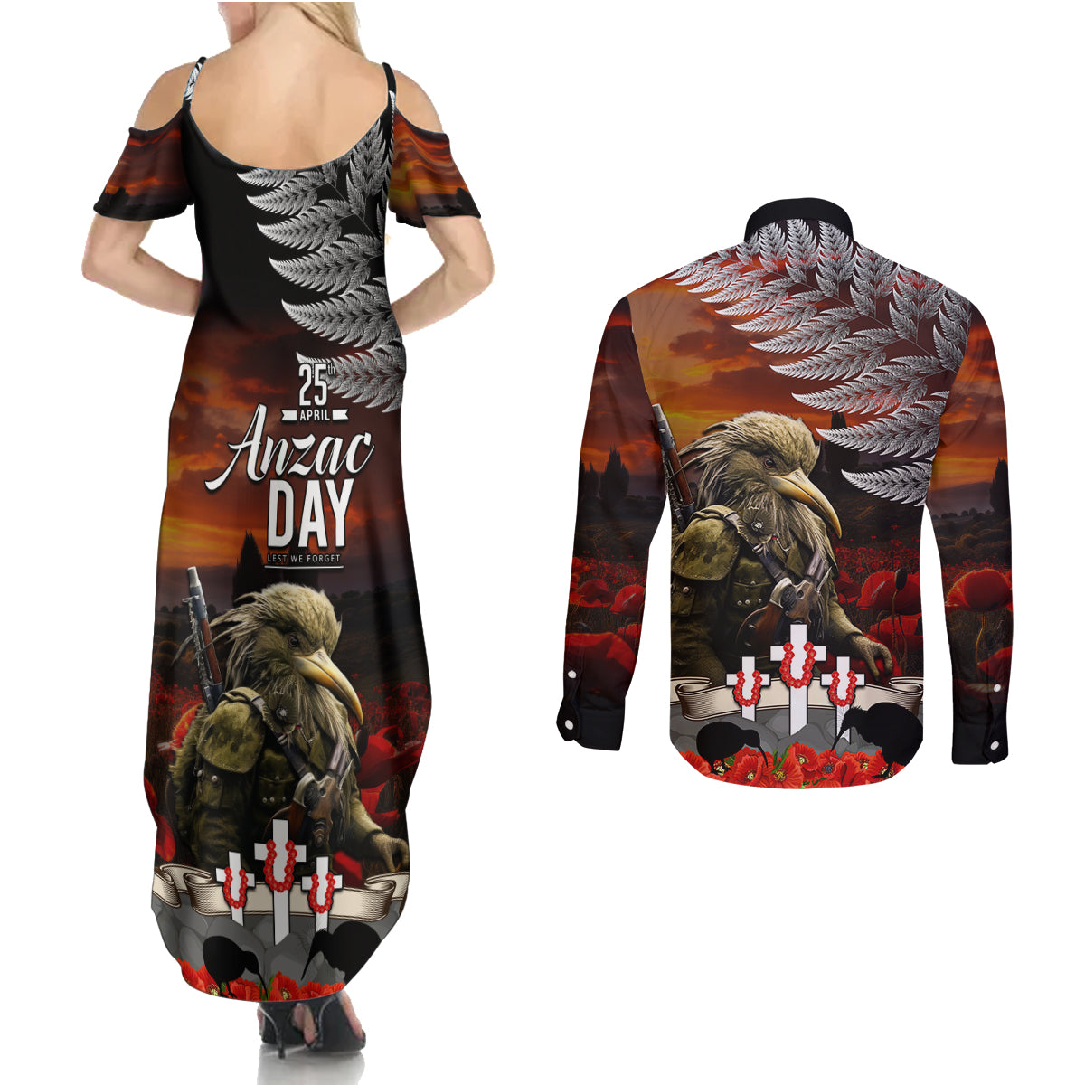 New Zealand ANZAC Day Couples Matching Summer Maxi Dress and Long Sleeve Button Shirt The Ode of Remembrance and Silver Fern LT03 - Polynesian Pride