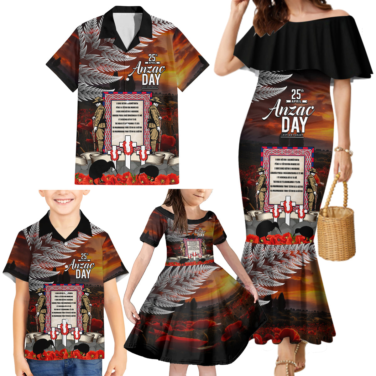 New Zealand ANZAC Day Family Matching Mermaid Dress and Hawaiian Shirt The Ode of Remembrance and Silver Fern LT03 - Polynesian Pride