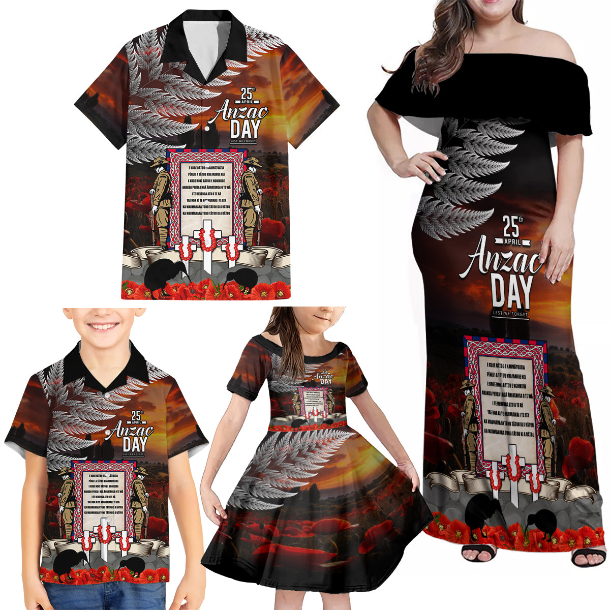 New Zealand ANZAC Day Family Matching Off Shoulder Maxi Dress and Hawaiian Shirt The Ode of Remembrance and Silver Fern LT03 - Polynesian Pride