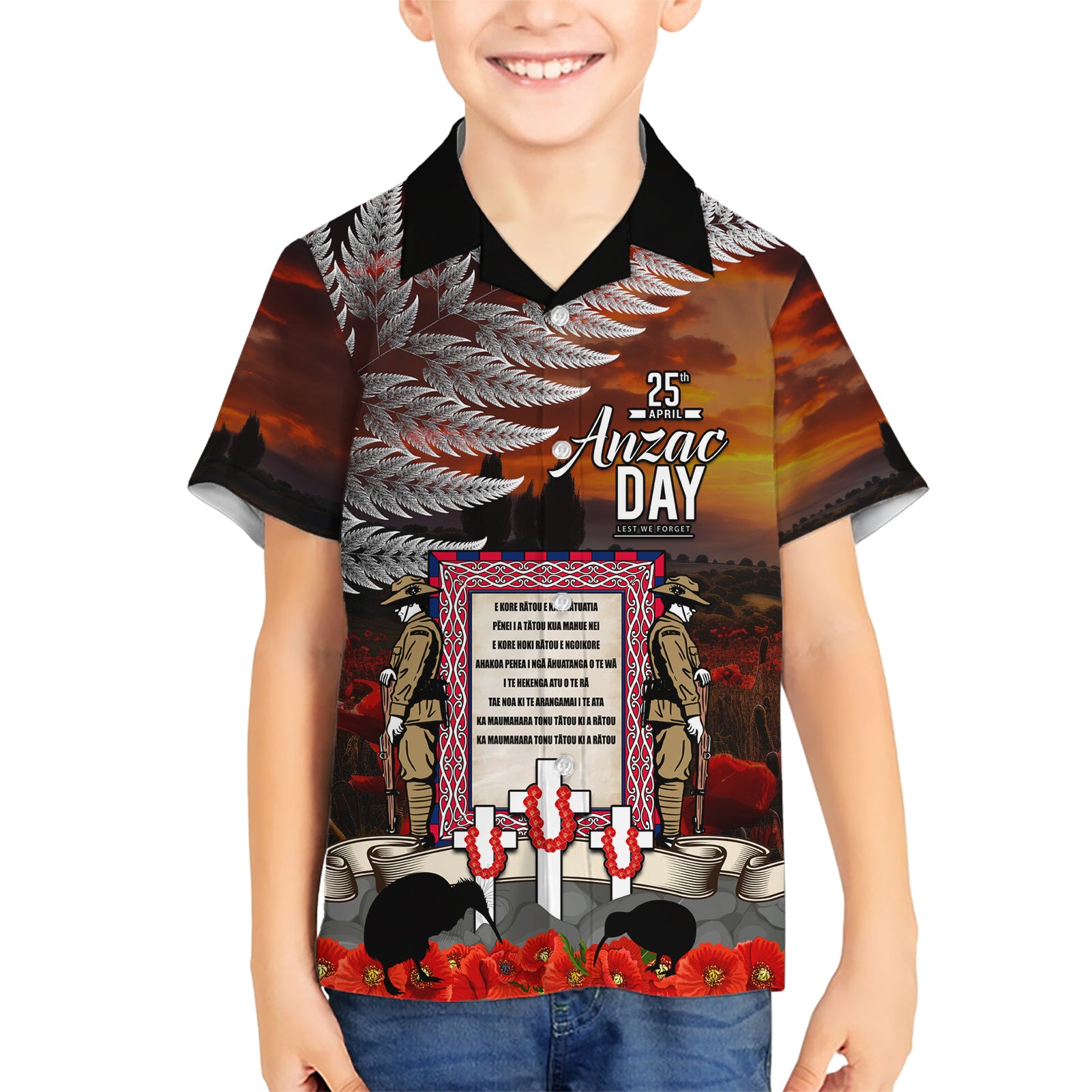 New Zealand ANZAC Day Kid Hawaiian Shirt The Ode of Remembrance and Silver Fern LT03 Kid Black - Polynesian Pride