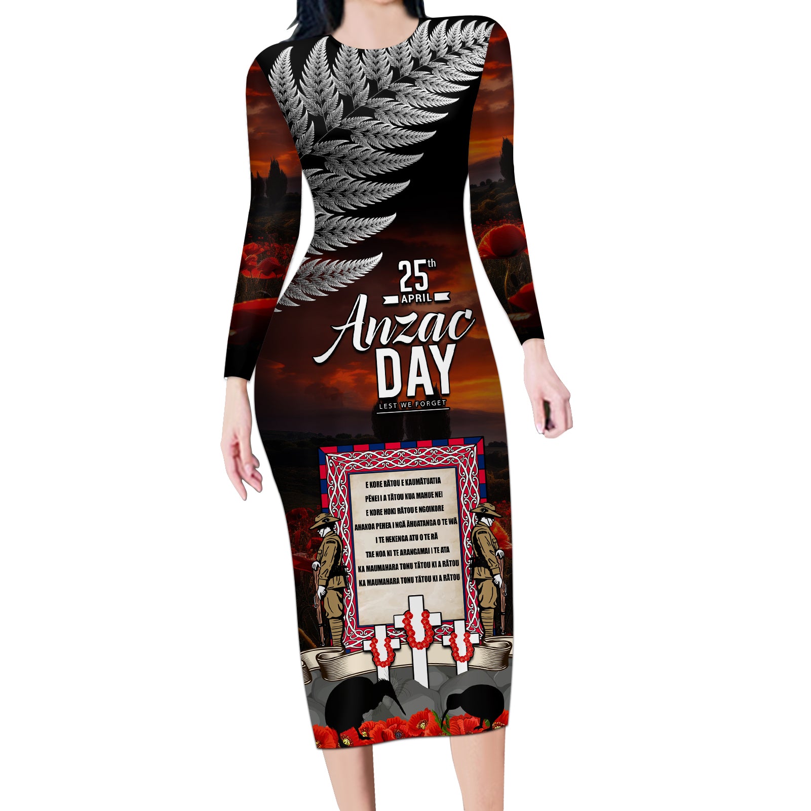 New Zealand ANZAC Day Long Sleeve Bodycon Dress The Ode of Remembrance and Silver Fern LT03 Long Dress Black - Polynesian Pride