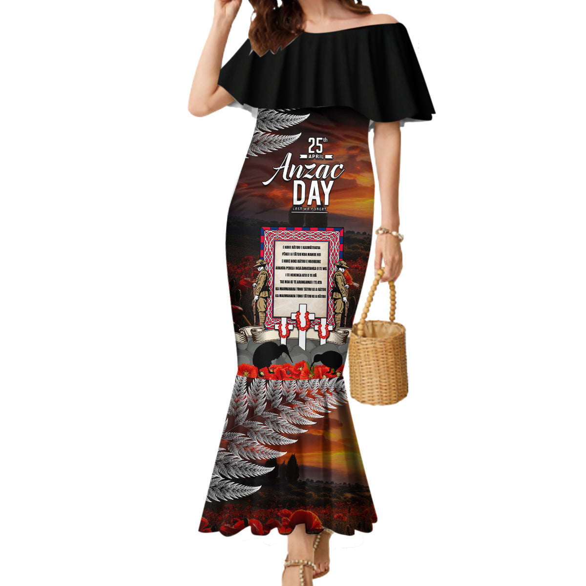 New Zealand ANZAC Day Mermaid Dress The Ode of Remembrance and Silver Fern LT03 Women Black - Polynesian Pride