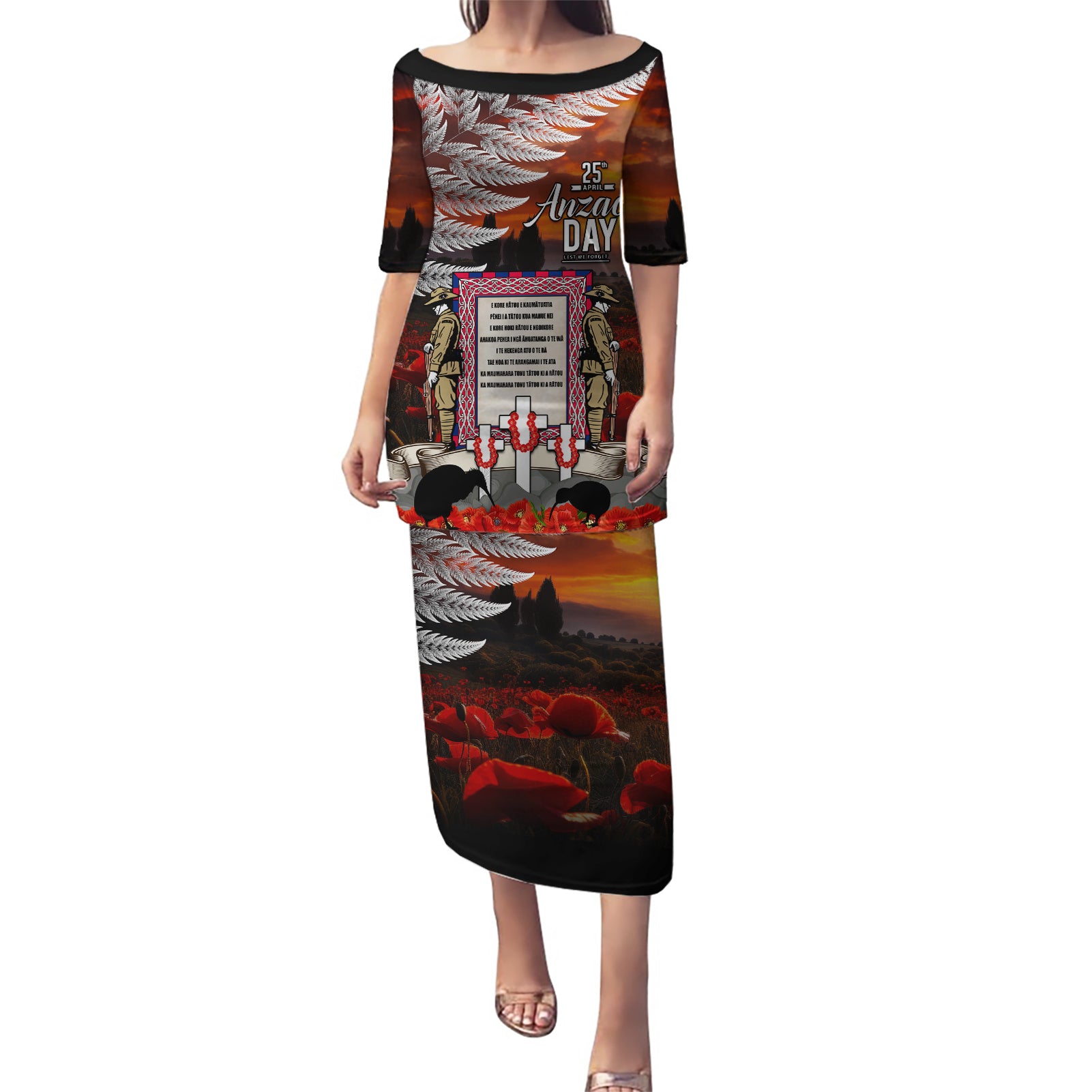 New Zealand ANZAC Day Puletasi The Ode of Remembrance and Silver Fern LT03 Long Dress Black - Polynesian Pride