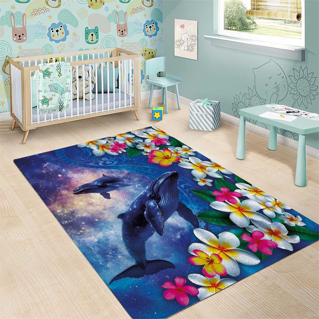 Hawaiian Lei Day Plumeria Humpback Whales Area Rug Polynesian Art Vibrant Starry Nebula Style