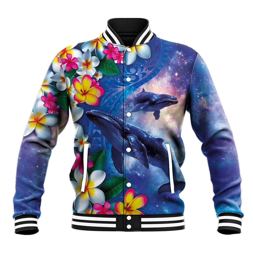 Hawaiian Lei Day Plumeria Humpback Whales Baseball Jacket Polynesian Art Vibrant Starry Nebula Style LT03 Unisex Art - Polynesian Pride
