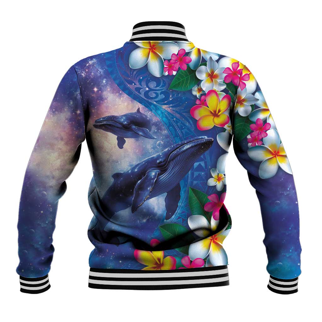 Hawaiian Lei Day Plumeria Humpback Whales Baseball Jacket Polynesian Art Vibrant Starry Nebula Style LT03 - Polynesian Pride