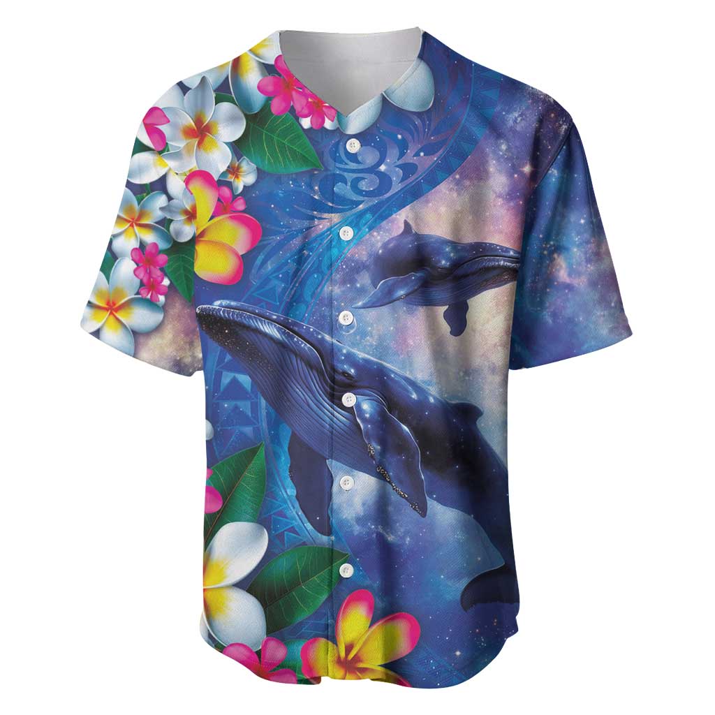 Hawaiian Lei Day Plumeria Humpback Whales Baseball Jersey Polynesian Art Vibrant Starry Nebula Style