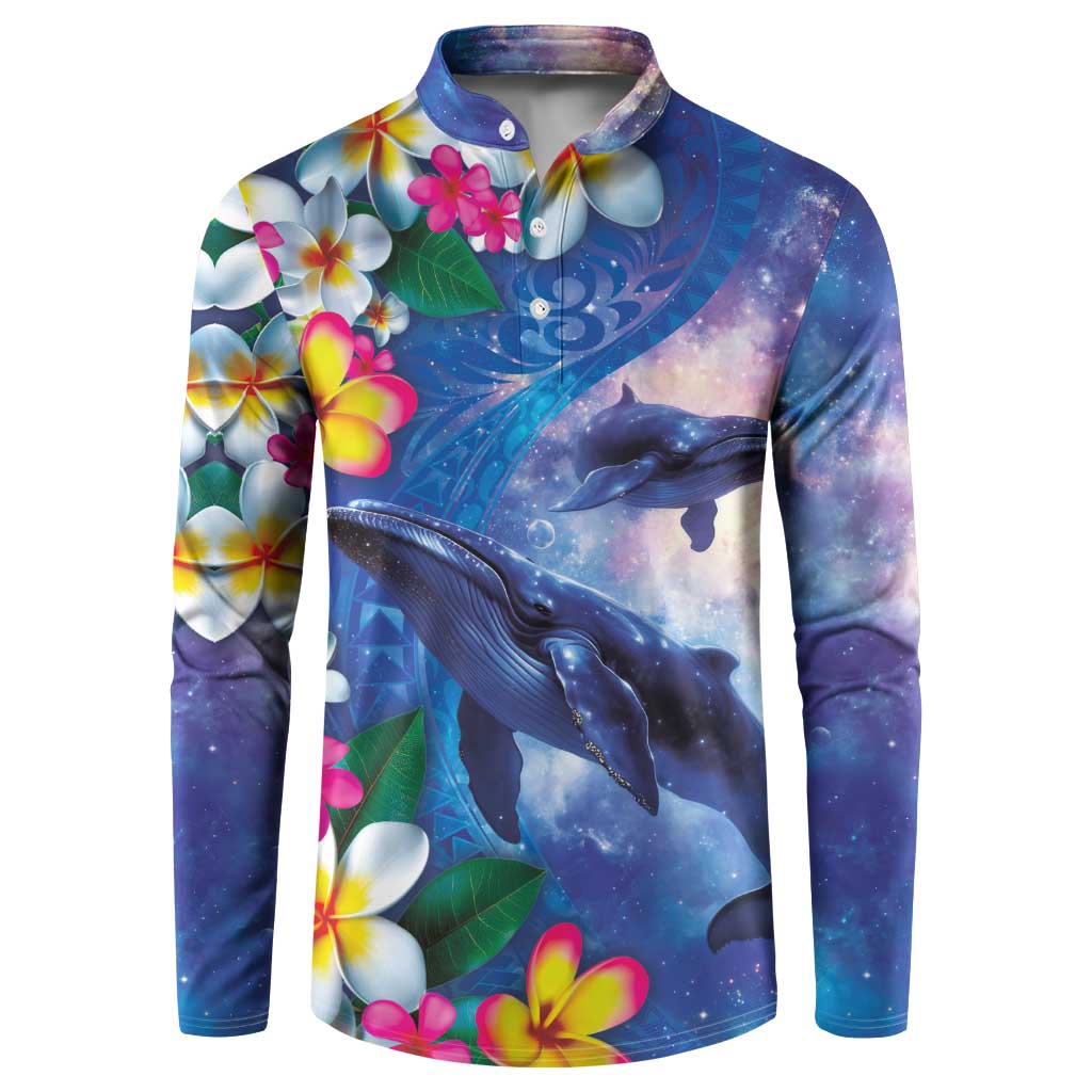 Hawaiian Lei Day Plumeria Humpback Whales Button Sweatshirt Polynesian Art Vibrant Starry Nebula Style LT03 Art - Polynesian Pride