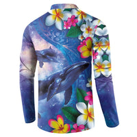 Hawaiian Lei Day Plumeria Humpback Whales Button Sweatshirt Polynesian Art Vibrant Starry Nebula Style LT03 - Polynesian Pride