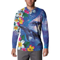 Hawaiian Lei Day Plumeria Humpback Whales Button Sweatshirt Polynesian Art Vibrant Starry Nebula Style LT03 - Polynesian Pride